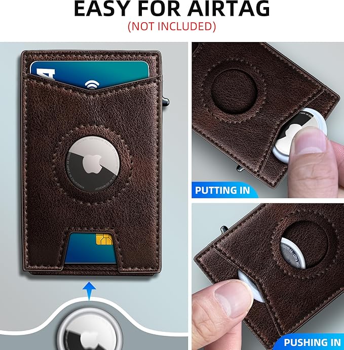 Airtag Wallet for Men,with Money Clip Gift Boxed,Slim Front Pocket Wallet RFID Blocking Metal Case Smart Pop-up Credit Card Holder in Magnetic Leather Flip