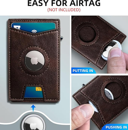 Airtag Wallet for Men,with Money Clip Gift Boxed,Slim Front Pocket Wallet RFID Blocking Metal Case Smart Pop-up Credit Card Holder in Magnetic Leather Flip