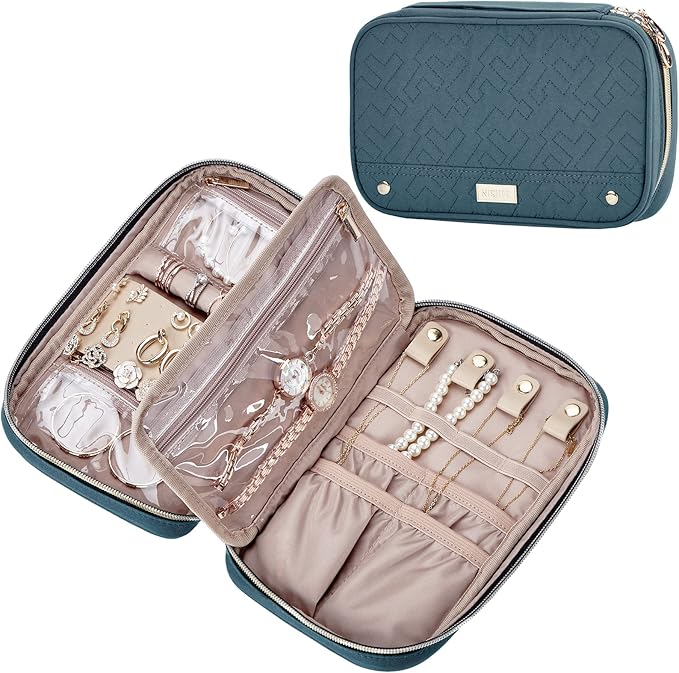NISHEL Travel Jewelry Case, Holiday Organizer for Necklaces, Earrings, Rings, Bracelets, Watch, Lake-Blue