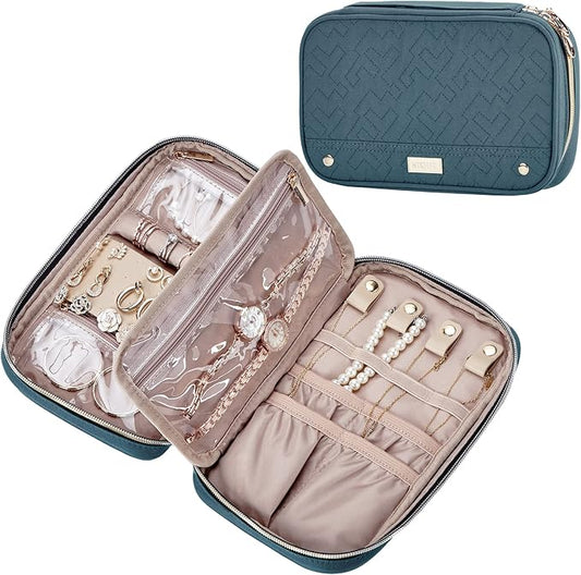 NISHEL Travel Jewelry Case, Holiday Organizer for Necklaces, Earrings, Rings, Bracelets, Watch, Lake-Blue