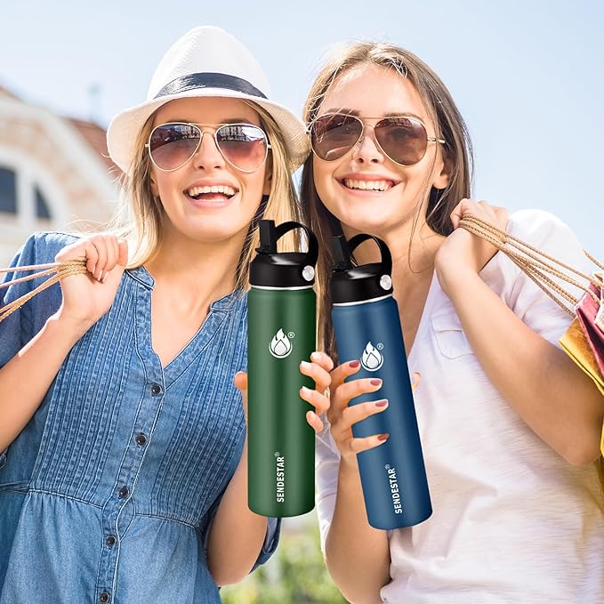 Insulated Water Bottle 24 oz with Straw, Stainless Steel Wide Mouth Water Bottle, Double Wall Vacuum Leak Proof with Straw Lid & Spout Lid for Sports or Office, Keep Cold or Hot Up to 24 Hrs