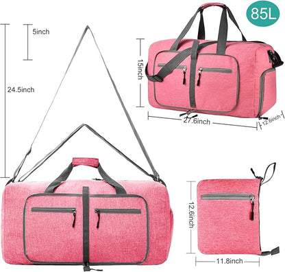 Dimayar 85L Travel Duffle Bag for Men Women - Foldable Duffel Bag with Shoes Compartment - Overnight Bags Waterproof & Tear Resistant(Pink)