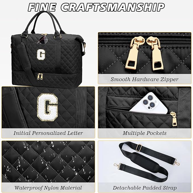 Gifts for Women Girls Birthday Christmas Initial Travel Duffle Bag Quilted Weekender Bags Carry-On Overnight with Cosmetic Bag, Gym Bag with Shoe Compartment, Black G