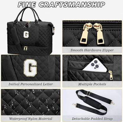 Gifts for Women Girls Birthday Christmas Initial Travel Duffle Bag Quilted Weekender Bags Carry-On Overnight with Cosmetic Bag, Gym Bag with Shoe Compartment, Black G