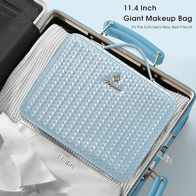 Leather Makeup Case with LED Lighted Mirror 11.4 Inch Travel Makeup Bag Adjustable Brightness in 3 Colors Cosmetic Organizer Artist Storage Bag with Dividers Brush Holder Bag Vanity Shiny Blue