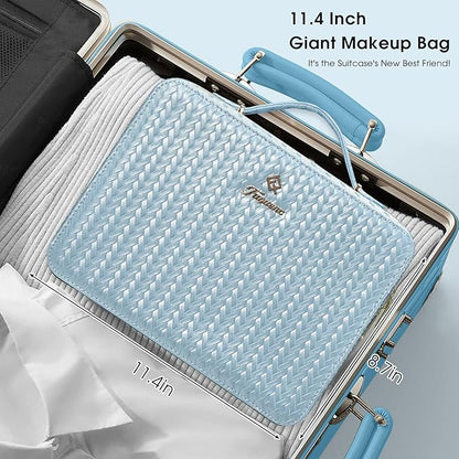 Leather Makeup Case with LED Lighted Mirror 11.4 Inch Travel Makeup Bag Adjustable Brightness in 3 Colors Cosmetic Organizer Artist Storage Bag with Dividers Brush Holder Bag Vanity Shiny Blue