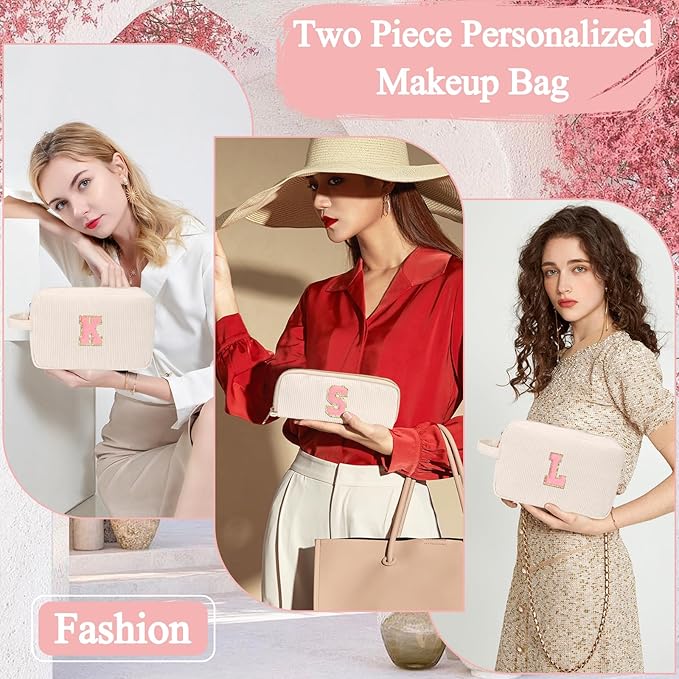 Personalized Initial Makeup Bag Trendy Stuff Corduroy Cosmetic Bag Travel Toiletry Bag, Christmas/Thanksgiving/Halloween Gifts Makeup Organizer Case for Women Girls Mom Girlfriend Wife - White