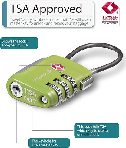 Fosmon TSA Approved Luggage Locks, Cable Suitcase Travel Lock, 3 Digit Long Shackle Combination Padlock, Wire Lock for Gym Locker, Backpack Anti Theft