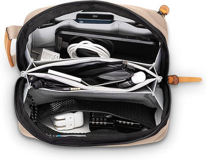 Tech Bag Organizer - Small Electronics Organizer Pouch for Travel - Premium Travel Case with Leather Accents - Mesh Pocket for Cables, Cords and Chargers (Tan)