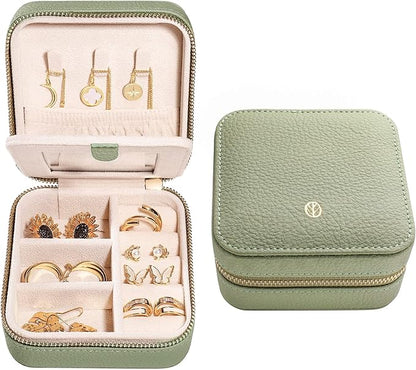S.Leaf Travel Jewelry Organizer Boxes for Women Small Portable Necklace Earrings Bracelet Rings Travel Case Best Friend Birthday Gifts for Women Trendy (01_Lychee_Sage_Green)