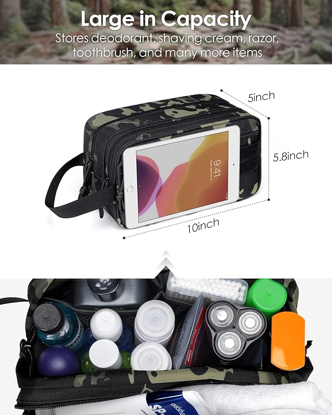 TACTICISM Toiletry Bag for Men - Dry Wet Separate Travel Toiletry Bag, Tactical Molle Dopp Kit for Men with Large Capacity, Water-Resistant Shaving Bag for Adult Women for Travel, Black Camo