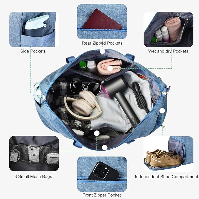 Carry on luaggage 22x14x9 Airlines Approved, Foldable Travel Duffel Bags Weekender Overnight Carry on Duffel Luggage Gym Duffle Bag with Wet Pocket & Shoe Compartment for Women Men(Blue, 40L)