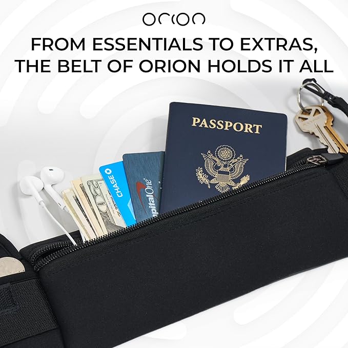 The Belt of Orion Running Belt & Slim Fanny Pack for Men & Women Anti-theft Passport Holder & Money Belt For Travel - Comfortable Phone Holder For Running, Hiking, & at the GYM - Classic 9"x3.5"