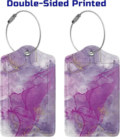 2 Pack Abstract Purple Luggage Tag for Suitcases Women, Art Painting Violet and Gold Marble PU Leather Airport Travel Bag Tags for Cruise Ships, Baggage Name Tags with with Full Back Privacy Cover