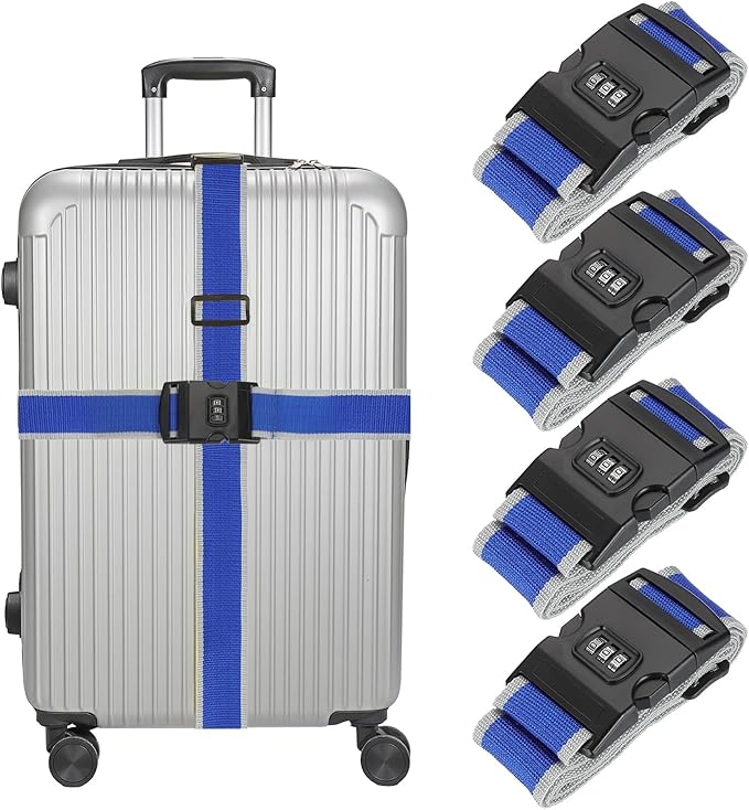 MECCANIXITY Luggage Straps with Combination Lock Adjustable Suitcase Belt Strap for Suitcase Briefcase Backpack Travel, Gray-Blue, Pack of 4