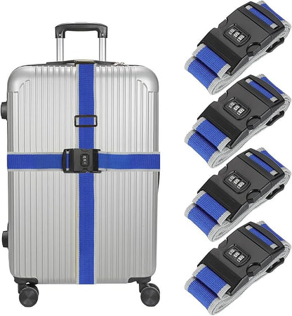 MECCANIXITY Luggage Straps with Combination Lock Adjustable Suitcase Belt Strap for Suitcase Briefcase Backpack Travel, Gray-Blue, Pack of 4