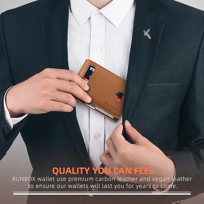 RUNBOX Slim Wallets for Men - Leather Money Clip Mens Wallet - RFID Blocking Front Pocket Bifold Wallet - Thin Credit Card Holder with Gift Box