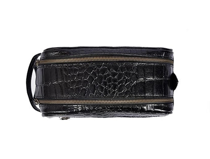 10" Premium Leather Toiletry Travel Pouch With Waterproof Lining | King-Size Handcrafted Vintage Dopp kit By Aaron Leather Goods (Grease Black)