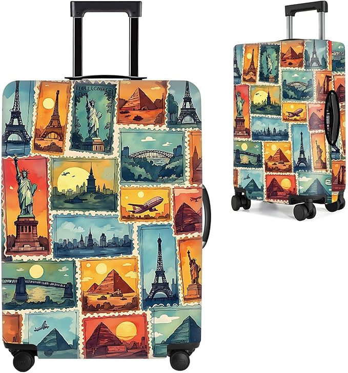 Colorful Landmark Travel Suitcase Cover – Waterproof Elastic Luggage Protector Wrap Featuring Iconic Monuments in Stamp Design,Fits 32"-34" Luggage, XL