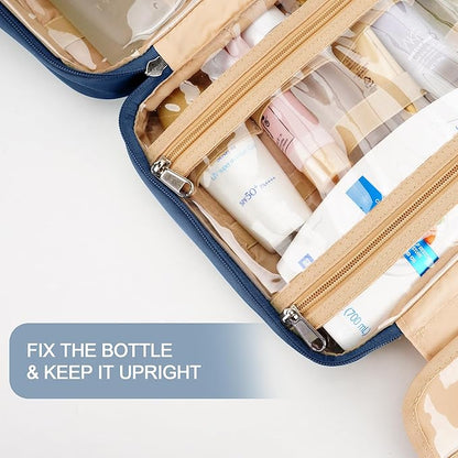 Travel Hanging Toiletry Bag for Women and Men, with 8 Leak Proofing Silicone Bottle Covers, Waterproof Makeup Accessories, Cosmetic Essentials, Toiletries Dopp Kit Set with Jewelry Organizer, Navy