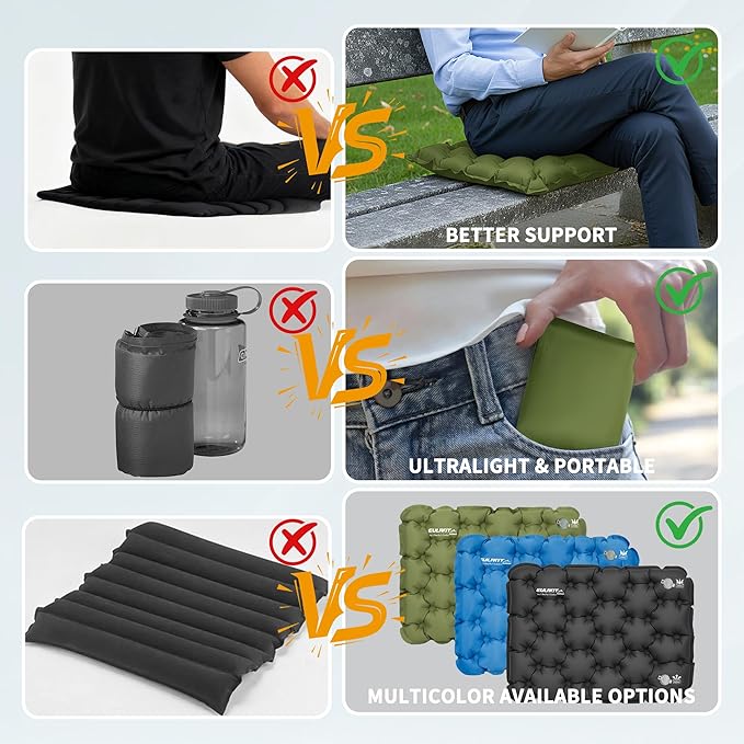 EULANT Inflatable Seat Cushion Lightweight Compact Stadium Seat Pad Camping Travel Air Seat Cushion for Airplane Hiking Bleachers Office Home Sports Events(Green)