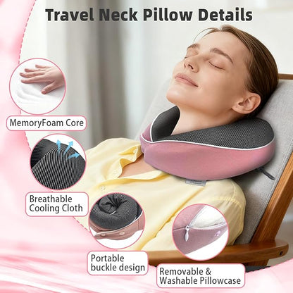 Memory Foam Travel Pillow,U-Shaped Neck Pillow for Sleeping Airplane and Car, with Portable Storage Case, Soft & Breathable, Provides Head & Neck Support