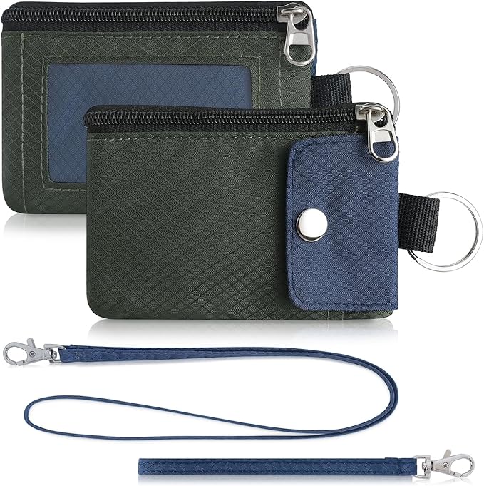 Minimalist Wallet For Mens Womens, Keychain RFID Blocking Zipper Small Wallet with ID Window 2 Lanyards,Water Resistant Travel Cash Card Coin Case Boys Girls