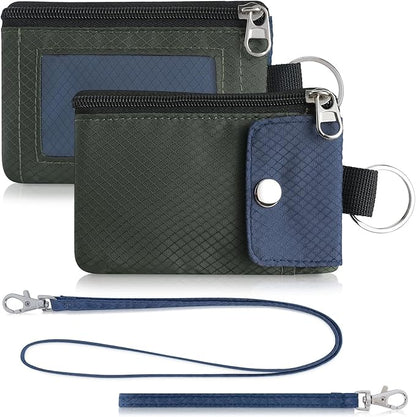 Minimalist Wallet For Mens Womens, Keychain RFID Blocking Zipper Small Wallet with ID Window 2 Lanyards,Water Resistant Travel Cash Card Coin Case Boys Girls