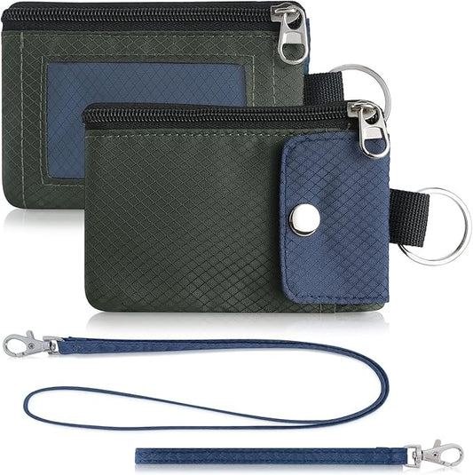 Minimalist Wallet For Mens Womens, Keychain RFID Blocking Zipper Small Wallet with ID Window 2 Lanyards,Water Resistant Travel Cash Card Coin Case Boys Girls