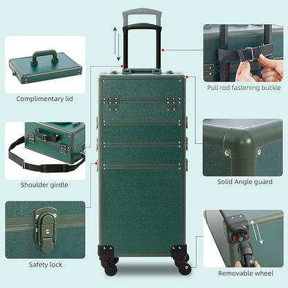 Makeup Train Case, Rolling Makeup Case with Lid, 5 in 1 Cosmetology Case on Wheels, Christmas Gift, Large Makeup Case Organizers, Profesional Cosmetic Case for Salon Barber, Green