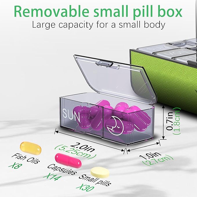 7-Day AM/PM Pill Organizer with Scratch-Resistant Leather Case - Portable Weekly Travel Medicine Box with Detachable Daily Pods & Privacy Design (Dark Green)