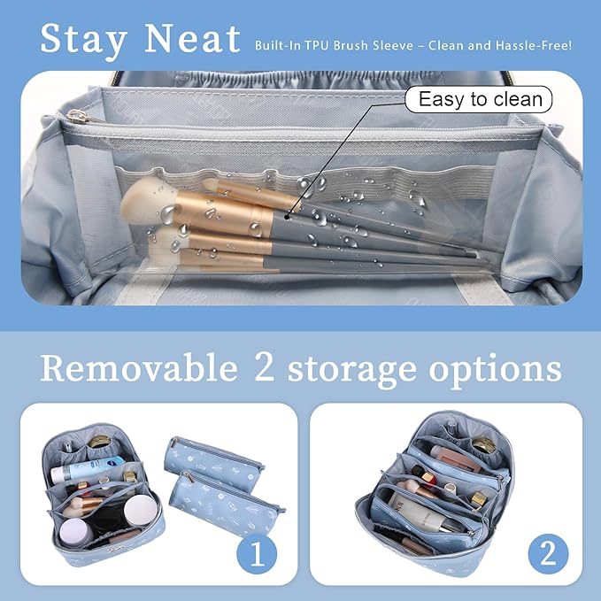 BOYATU Travel Makeup Bag Cosmetic Bags for Women: 3 Pcs Set Portable Make up Bag with Handle - PU Leather Toiletry Bags with Compartments - Makeup Organizer for Travel Essentials(L-2-Blue)