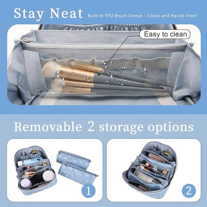 BOYATU Travel Makeup Bag Cosmetic Bags for Women: 3 Pcs Set Portable Make up Bag with Handle - PU Leather Toiletry Bags with Compartments - Makeup Organizer for Travel Essentials(L-2-Blue)