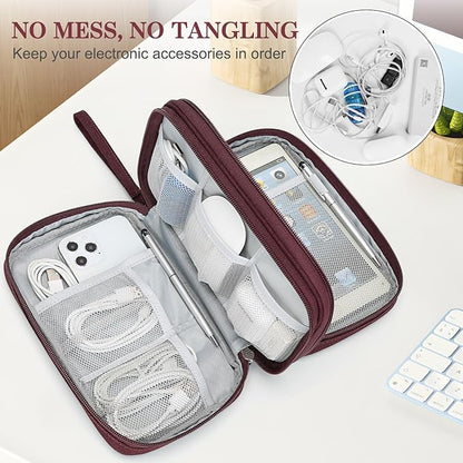 FYY Electronic Organizer, Large Travel Cable Organizer Bag Pouch Electronic Accessories Carry Case Portable Waterproof Double Layers All-in-One Storage Bag for Cable, Cord, Charger, Phone, Wine Red