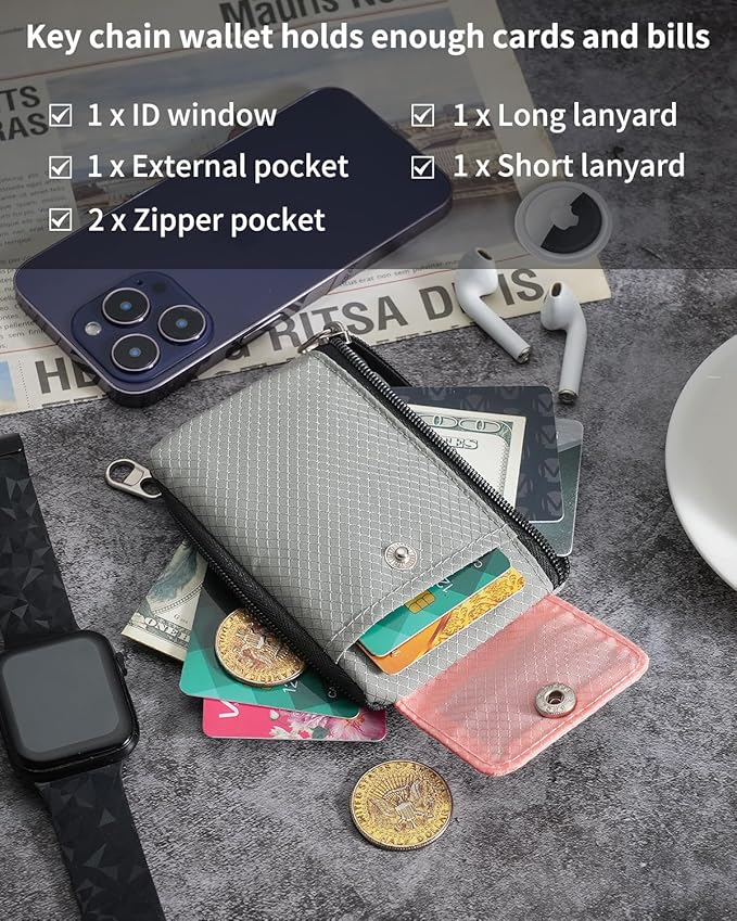 Minimalist Wallet For Mens Womens, Keychain RFID Blocking Zipper Small Wallet with ID Window 2 Lanyards,Water Resistant Travel Cash Card Coin Case Boys Girls