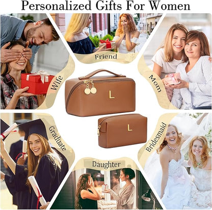 Birthday Gifts for Women Teen Girl, Personalized Initial Makeup Organizer Bag Set, Open Flat Travel Cosmetic Bag With Clear Divider and Handle(Brown,L)