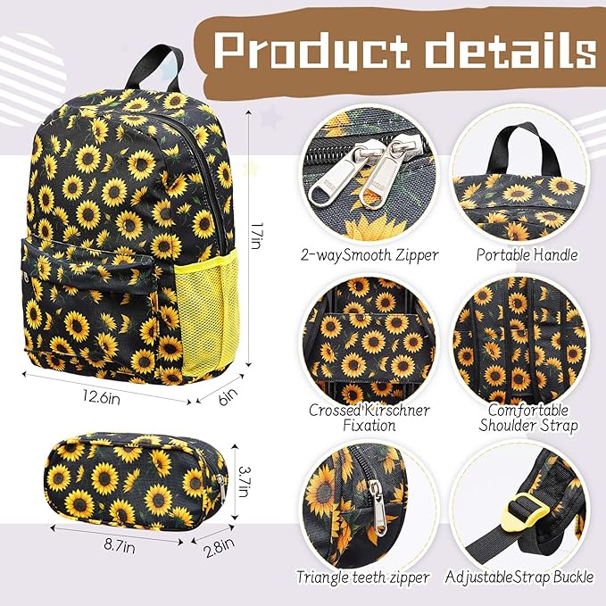 Redbaker 6 Pcs Kids Luggage Set 17 Inch Kids Rolling Luggage Double Pattern Suitcase for Girls Boys School Gift(Back Yellow, 17 Inch, Sunflower Style)