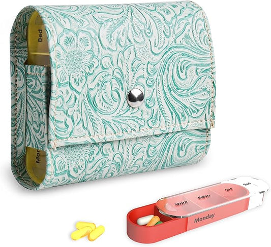 Pill Organizer,Haecsfl Weekly Travel Pill Case Box Medication Reminder Daily AM PM, Day Night 7 Compartments,for 4 Times A Day, 7 Days a Week-Includes Leather PU Carrying Case(1-Carved Green1)