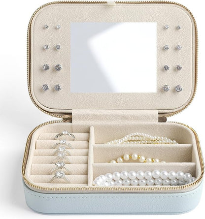 Genuine Leather Travel Jewelry Organizer Case with Mirror for Women, Small Mini Portable Jewelry Box for Ring Earrings Necklace Bracelet Luxury Gift for Women（Pink）