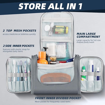 Buruis Large Toiletry Bag for Women and Men, Hanging Travel Bag for Makeup, Cosmetics, Shaving, Toiletries, Water-Resistant Dopp Kit for Gym, Camping, or Daily Use, Gray