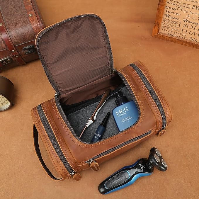 Polare Toiletry Bag Full Grain Leather Shaving Kit Dopp Kit Travel Case Wash Bag with YKK Zippers