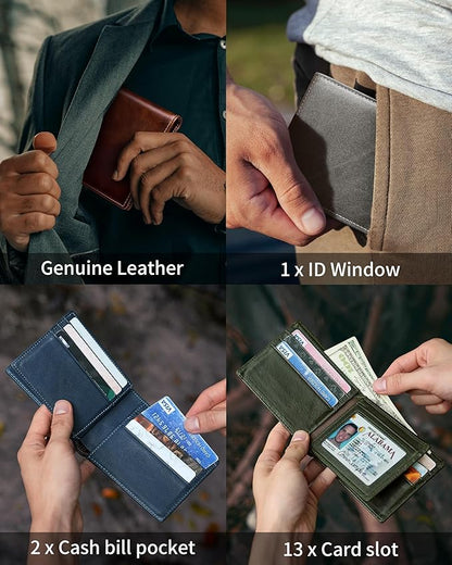 Mens Wallet Bifold Genuine Leather RFID Blocking Wallet for Men with 1 ID Windows 13 Card Holders 2 cash pockets 1 Gift Box