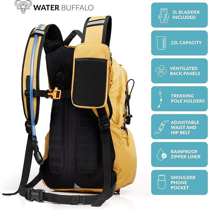 Water Buffalo Hydration Backpack - Sherpa 22L Hiking Backpack with Water Bladder - Water Backpack for Hiking with Waterproof Zippers, Phone & Pole Holders