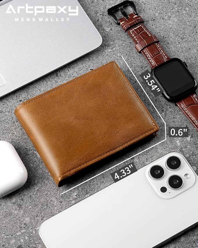Mens Wallet Genuine Leather Bifold RFID Blocking Wallet for Men with 1 ID Window 13 Card Holders 2 cash pockets 1 Gift Box (Light Brown)