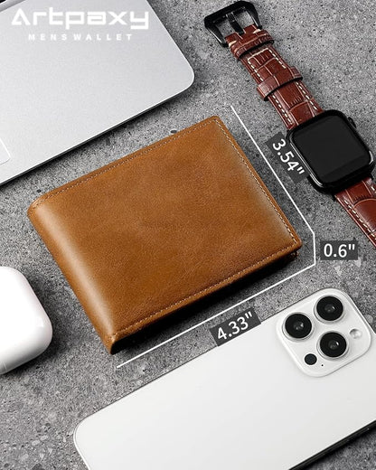 Mens Wallet Genuine Leather Bifold RFID Blocking Wallet for Men with 1 ID Window 13 Card Holders 2 cash pockets 1 Gift Box (Light Brown)