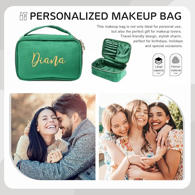 Personalized Name Makeup Bags - Monogrammed Gift for Women Girls Cosmetic Bag with Zipper Gift Ideal for Teen Girls Women Birthday Friend Mom (Green)