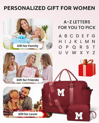 Personalized Gifts-Initial Overnight Bag with Shoe Compartment, Personalized Weekender Bag, Monogram Overnight Bag, Letter Travel Bag with Makeup Bag，Birthday Gift For Women Girl (Letter Q)