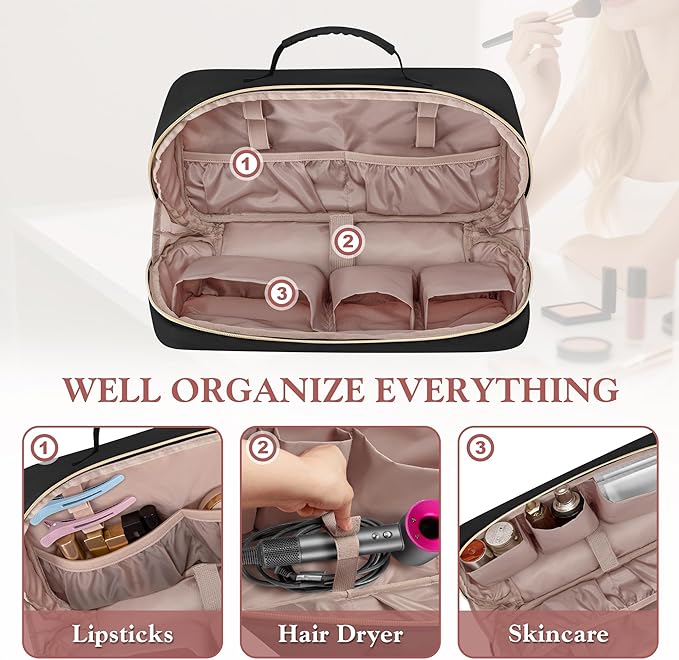 Fasrom Travel Makeup Bag for Women, Large Capacity Cosmetic & Toiletry Organizer Case, Make Up Storage Bags with Handle, Portable Pouch for Travel Essentials, Black (Empty Bag Only)