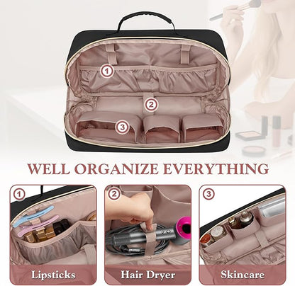 Fasrom Travel Makeup Bag for Women, Large Capacity Cosmetic & Toiletry Organizer Case, Make Up Storage Bags with Handle, Portable Pouch for Travel Essentials, Black (Empty Bag Only)