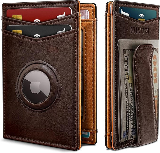 Airtag Wallet for Men- with Money Clip Gift Boxed, Magnetic Closure Slim Genuine Leather Front Pocket Wallet, 4.1"x 2.8", RFID Blocking